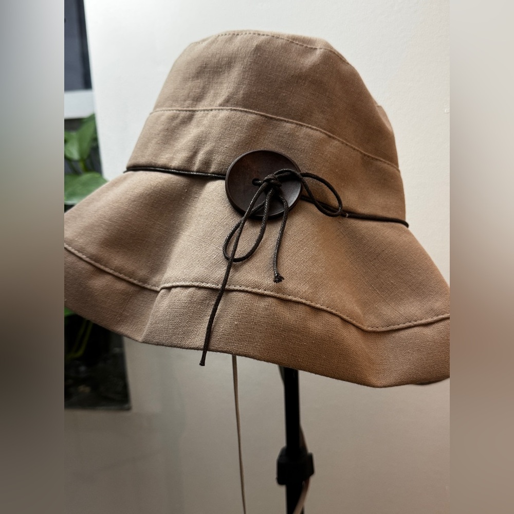 Tan Bucket Hat with brown Ribbon Accent…20%linen 80%cotton